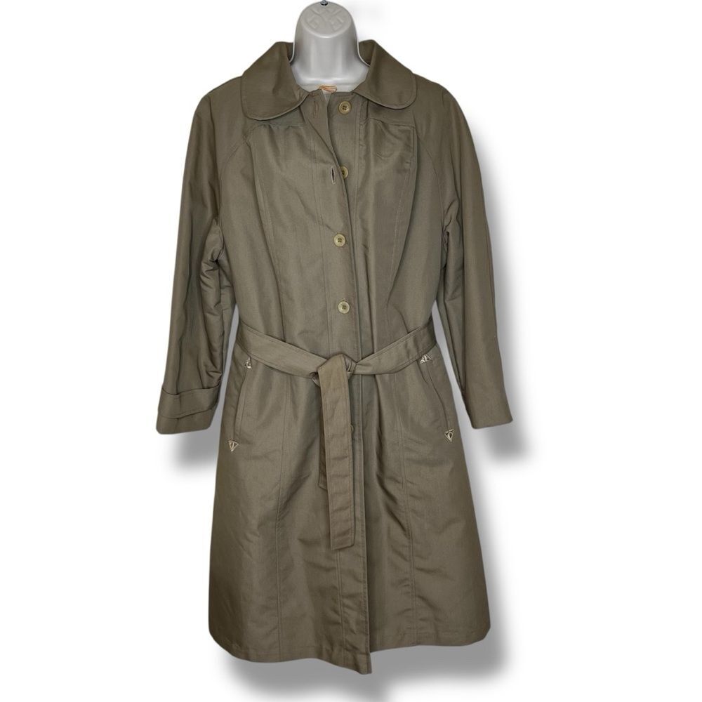 Vintage Tan Trench Coat Lined Button Front Tie Belt Union Label Women Medium